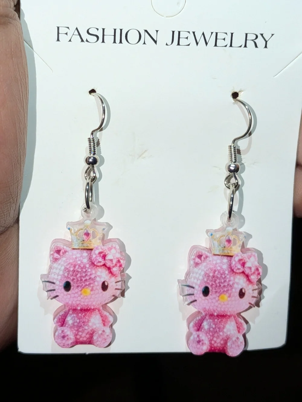 Hand Crafted Pink Kitty Crown Dangle Earrings - Picture 4 of 7